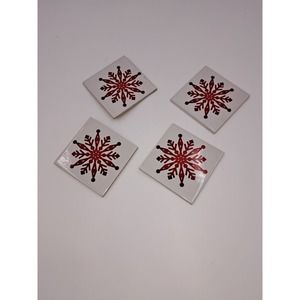 Set of 4 White Red Ceramic Tile Coasters with Red Snowflakes Cork bottoms